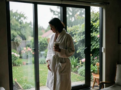 Person in bathrobe standing in sliding glass door, coffee in hand, the blur betw