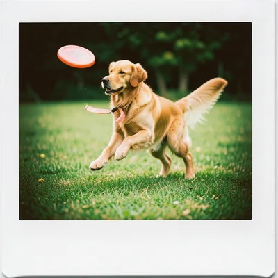 A golden retriever mid-leap catching a frisbee, slightly soft focus, vivid green