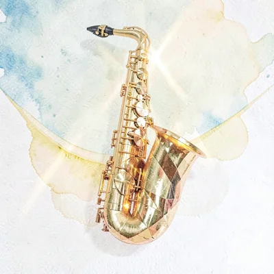 Solid citrine lowpoly saxophone with a curved golden body and a faceted bell cas