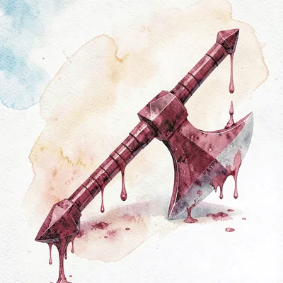 A faceted ruby-red lowpoly battle axe with a heavy double-edged head dropping cr