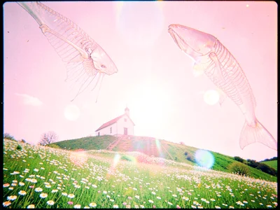 Translucent whale skeletons hanging in pastel pink sky above a daisy-covered hil