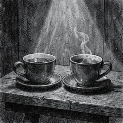 Charcoal drawing of two cups of tea on a low table, one half-finished, soft lamp