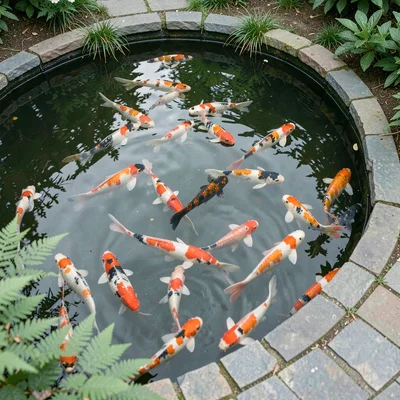 Atmospheric overhead of a curving koi pond with stone edge and a school of koi m