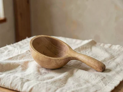 One handcarved wooden ladle of pale beech with deep bowl resting diagonally on c