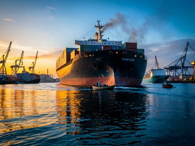 A container ship viewed from a small boat, the massive hull towering, the scale 