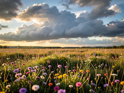 Field of wildflowers stretching to the horizon under dramatic cumulus clouds