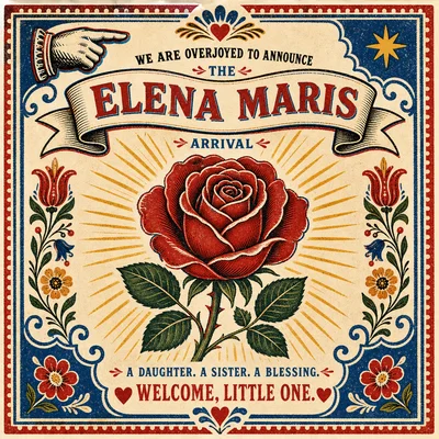 A direct public address. A central red rose under a name banner, ringed by an ornamental border, with rays radiating to 