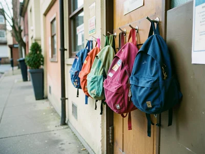 Row of colorful backpacks hanging on hooks outside classroom door
