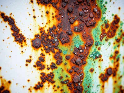 Iron oxide on white-painted steel, rust bleeding through paint creating warm org