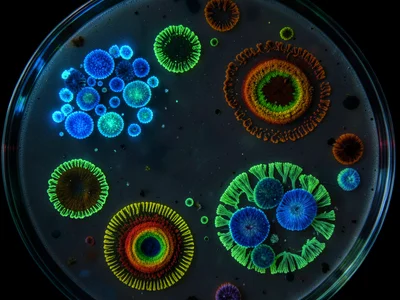 Bioluminescent bacteria glowing blue-green on marine agar, photographed in compl