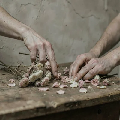 Hands arranging dried flowers on a wooden table, the petals the same color as th