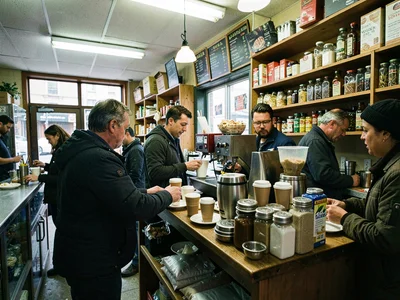 Coffee station in morning rush, cups being filled, cream and sugar organized