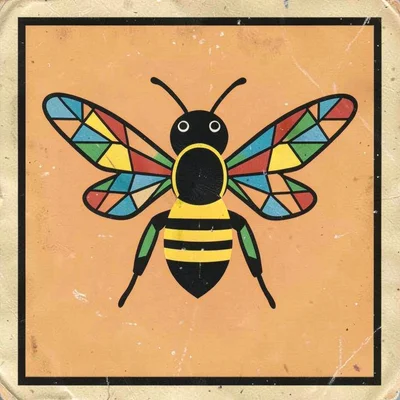 Czech matchbox label illustration, a bee with geometric wing pattern , vintage E