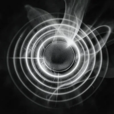 A speaker grille mid-bass-pulse, sound pressure waves visible as refractive ring