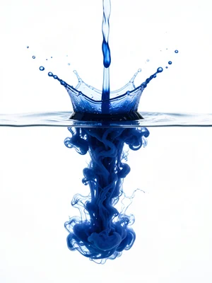 Ink dropped into water from above, captured at the instant of surface penetratio