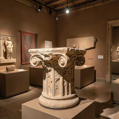 Warm desert-toned photograph, Ancient Roman column capital in museum setting, ca