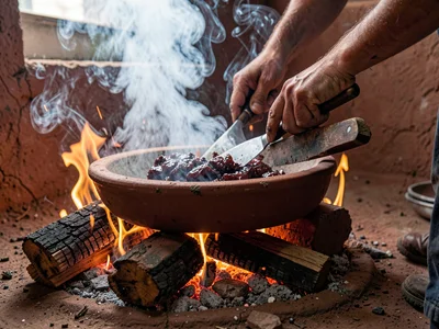 Wood Fire Glowing Beneath Clay Comal