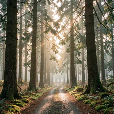 atmospheric arboretum path winding under tall conifers, dawn mist