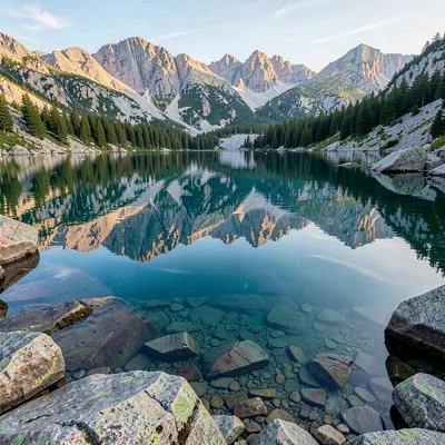 Finnish lake mirror, dead-calm reflection, Rocky shore reflected in clear lake w