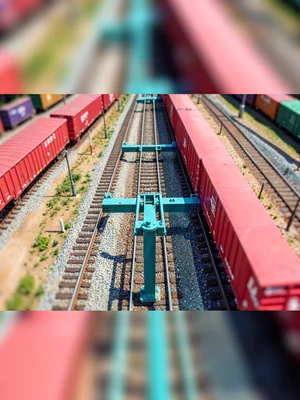 Freight yard tilt-shift photograph from a footbridge above a sorting hump, satur