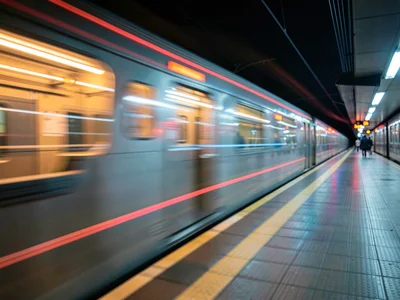 A subway train streaking through frame leaving colored light trails across the p