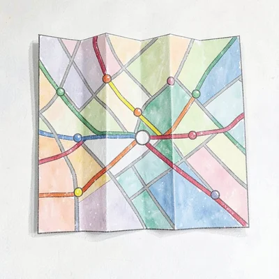Folded transit map of the metro lines as colored ribbons, station nodes as paint