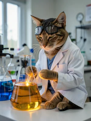 in a chemistry lab coat examining a beaker of glowing liquid, safety goggles on 