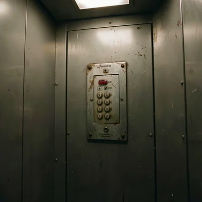 Emergency phone panel detail in an old elevator