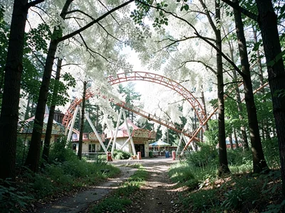 Abandoned amusement park reclaimed by forest, roller coaster through white canop