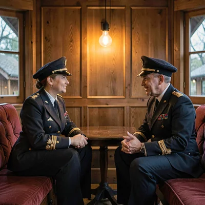 Sigrid-lampline portrait of a captain and a coach in conversation at a wood-pane