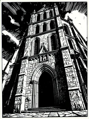 Church facade looming above, distorted perspective, doorway a dark void
