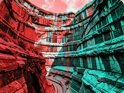 A canyon wall with layered rock strata, the red-cyan offset making each protrudi