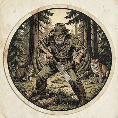 Craft beer label illustration, Lumberjack chopping with forest backdrop , brewer