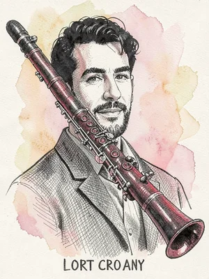 Stipple-and-hatch pen-and-ink portrait poster of a clarinet bent across the fram
