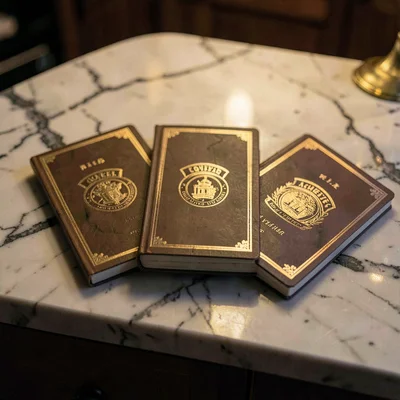 Cluster of three card decks arranged on a marble counter, warm dim glow