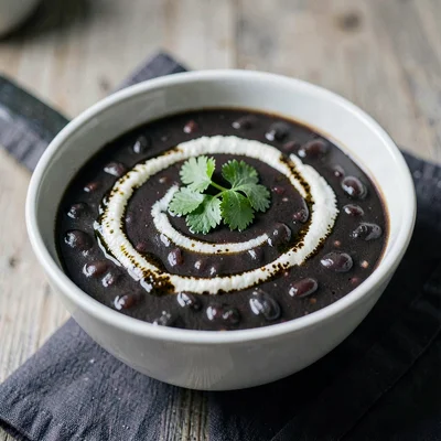deep bowl of black-bean stew with a swirl of dark crema and a flourish of cilant