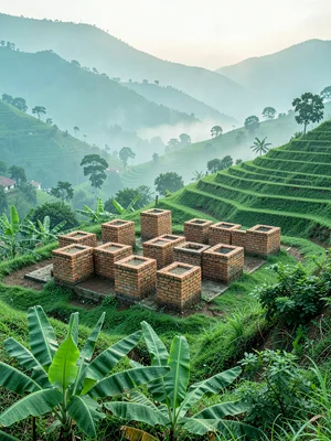 Emerald green hills through morning mist in Kigali, Rwanda, Brick-making arrange
