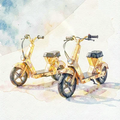 Pair of citrine lowpoly scooters parked side-by-side with faceted yellow frames 