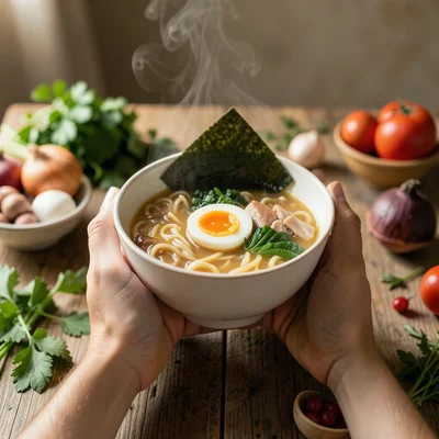 Hands holding a steaming bowl of ramen with soft-boiled egg and nori