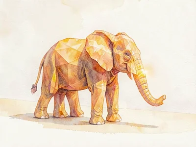 Translucent amber lowpoly elephant standing in profile with thick warm refractio