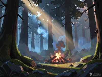 Shadowed cedar forest with mossy stones, sunbeam knifing through blue smoke from