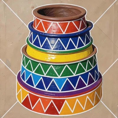 Stack of painted clay pots — each with a different geometric band, top-down