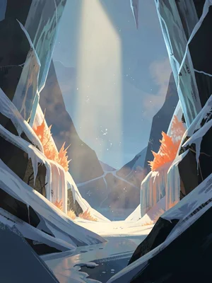 Icy valley with a single ice-fog shaft of dawn light, warm coral on icefall agai