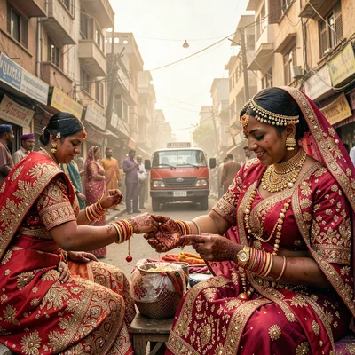 Elaborate decoration surviving dusty Lahore streets, Henna being applied to brid