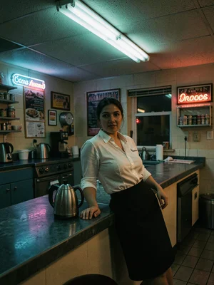 Waitress leaning on counter during dead shift