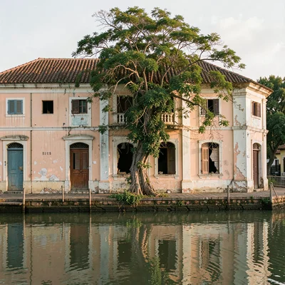 Soft morning light on faded colonial pastels, Saint-Louis Senegal, Colonial buil