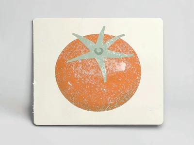Riso style member-card motif of a halftone tomato in spot orange and sage on cre