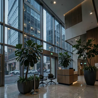 glass curtain-wall lobby of an office tower with ficus trees and security desk