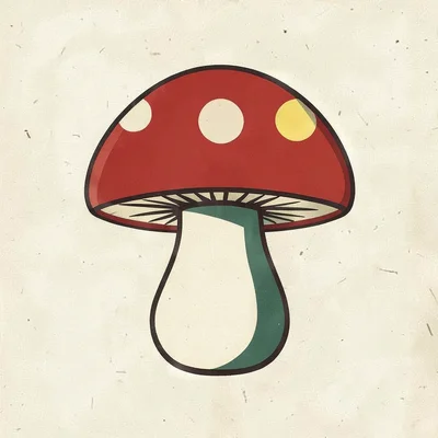Czech matchbox label illustration, a mushroom in bold simple colors , vintage Ea