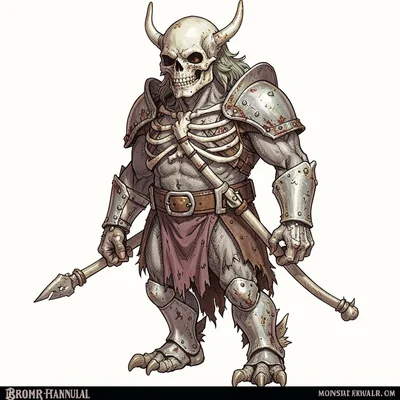 Fantasy creature illustration, a bone collector creature wearing skeletal armor 